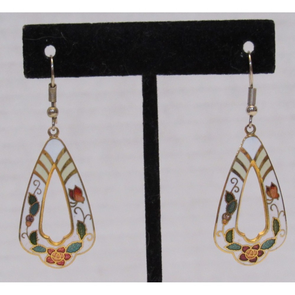 Vintage Cloisonne Earrings Gold Tone Enamel White Floral Old Money Quiet Estate